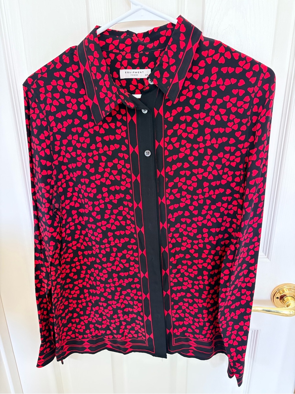 Equipment Black Blouse with Red Heart Print
